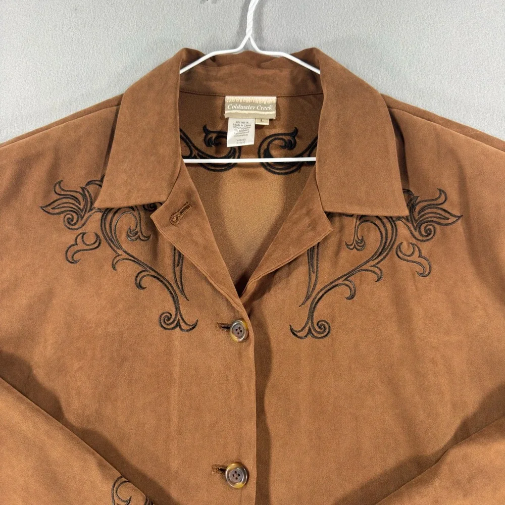Coldwater Creek Brown Faux Suede Embroidered Button Front Jacket Large Cognac